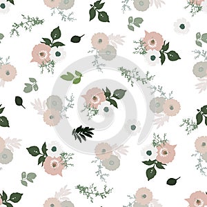 Seamless vector floral background. Elegant romantic design of roses, peonies, leaves on white background