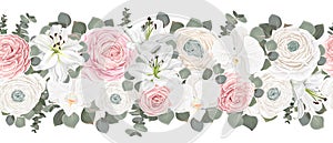 Seamless vector floral border. Pink roses, white ranunculus, White lilies, orchids