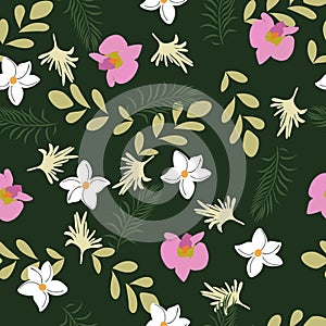 Seamless Vector Floral Design. Illustration Tropical Flower Pattern Pink Flower with dark green background. For Fabrics, Textile