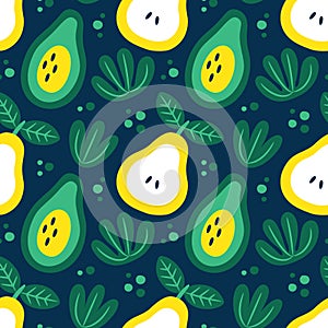 Seamless cute vector floral fruit summer pattern with avocado, pear, plants, leaves