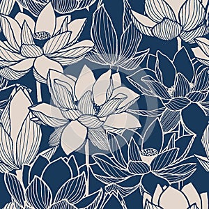 Seamless vector floral lotus hand drawn pattern