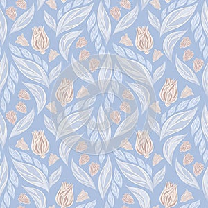 Seamless vector floral pattern with abstract flowers and leaves in pastel pink and white colors on blue background