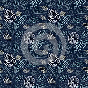 Seamless vector floral pattern with abstract outline flowers and leaves in blue and white colors on black background. Endless