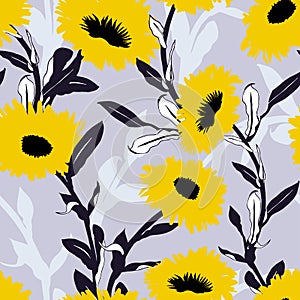 Seamless vector floral pattern with big bold flowers