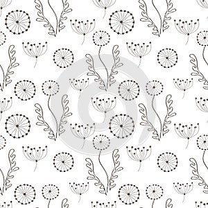 Seamless vector floral pattern. Black and white hand drawn background with different flowers and leaves.