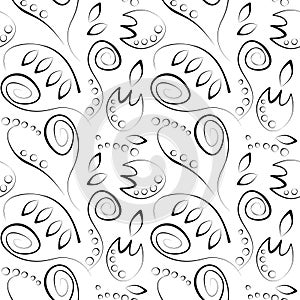 Seamless vector floral pattern. Decorative ornamental black and white background with flowers, leaves and decorative elements