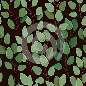 Seamless vector floral pattern. Green leaves and branches eucalyptus on black background. Hand painted Floral