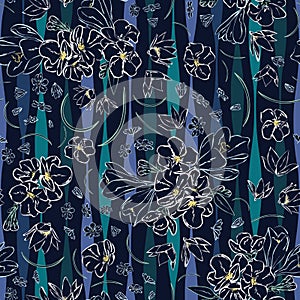 Seamless vector floral pattern with hand drawn abstract spring flowers in blue, white, black colors. Endless background in boho