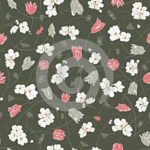 Seamless vector floral pattern with hand drawn spring flowers in pink and white colors on black background. Ditsy print in sketch