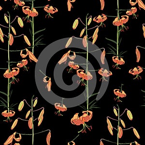 Seamless vector floral pattern. Orange branch of lilies flowers on a black background.