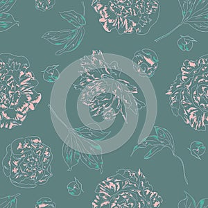 Seamless vector floral pattern with outline hand drawn peony flowers in pastel colors on gray background. Ditsy print in retro