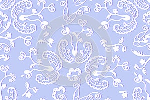 Seamless vector floral pattern in pastel golden winter colors, volumetric hand drawing white curls with blue shadow on light