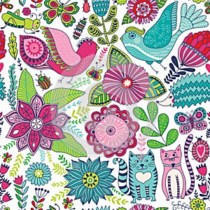 Seamless vector floral pattern, spring/summer backdrop. Bright colorful childish style animals and flowers. Romantic elements for
