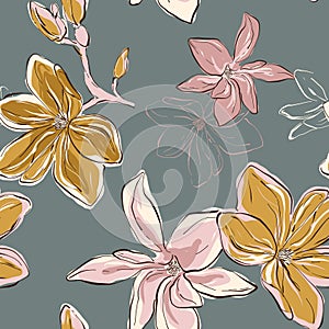 Seamless vector Floral Pattern in vector. Tender blue green flowers on pink background. Floral botany art