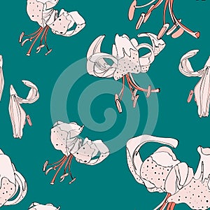 Seamless vector floral pattern. White royal lilies flowers on a green background.
