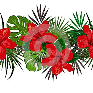 Seamless vector floral summer border with tropical palm leaves and hibiscus flowers. Perfect for wallpapers, web page