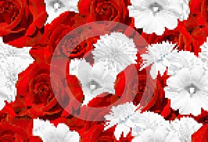 Seamless vector flower mosaic. Red roses and white flowers. Rose, mallow, rudbeckia