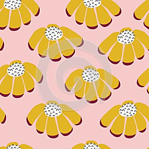 Seamless vector flowers repeating background. Scattered florals pattern. Flat gold yellow doodle flowers on pink. Scandinavian