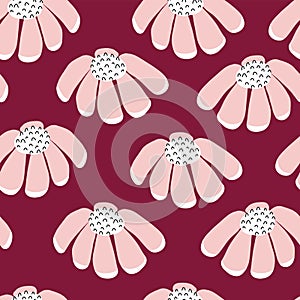 Seamless vector flowers repeating background. Scattered florals pattern. Flat pink simple doodle flowers on purple. Scandinavian