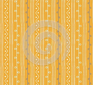 Seamless vector folk pattern. Twigs lines and zigzags with circles on yellow background. Hand drawn abstract branch illustration