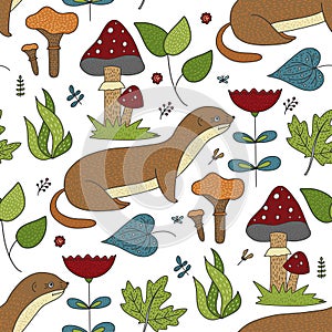 Seamless vector forest pattern with cute color illustrations.