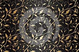 Seamless vector golden texture floral pattern. Luxury repeating damask black background. Premium wrapping paper or silk gold cloth