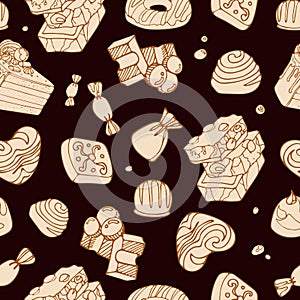 Seamless vector graphic vintage pattern of delicious pieces of milk chocolate, sweets, dragee. World Chocolate Day