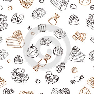 Seamless vector graphic vintage pattern of delicious pieces of milk chocolate, sweets, dragee. World Chocolate Day