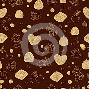 Seamless vector graphic vintage pattern of delicious pieces of milk chocolate, sweets, dragee. World Chocolate Day