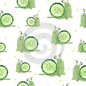 Seamless vector green pattern with watercolor cute cartoon snail and cucumber