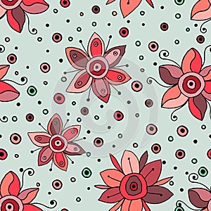 Seamless vector hand drawn doodle childlike floral pattern. Background with childish flowers, leaves. Decorative cute graphic line