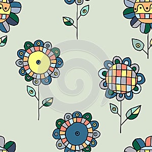 Seamless vector hand drawn doodle childlike floral pattern. Background with childish flowers, leaves. Decorative cute graphic line