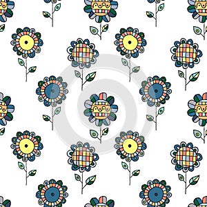 Seamless vector hand drawn doodle childlike floral pattern. Background with childish flowers, leaves. Decorative cute graphic line