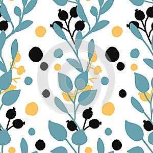 Seamless vector hand drawn leaf and berry pattern design