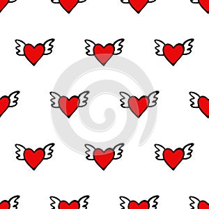 Seamless vector heart pattern for Valentines Day. Cute hearts with wings.