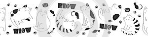 Seamless vector horizontal pattern with black and white cute cats, fish bones, cat paws, pet food on white background. Cat lover