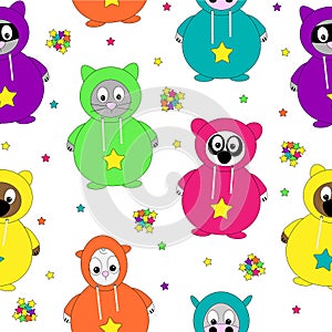 Seamless vector illustration pattern of cartoon animals in snug onesie jumpsuit pajama loungewear suit