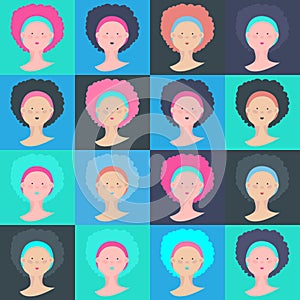 Seamless vector illustration. Young woman head in different color variations in squares