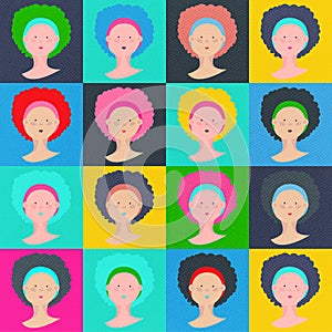 Seamless vector illustration. Young woman head in different color variations in squares