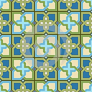 Seamless, Vector Image of Intersecting Rectilinear Shapes Forming Stylized Crosses in Green and Blue Tones. Can Be Used in Design