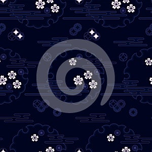 Seamless vector japanese dark blue pattern with circles and plants. seamless vector in swatch panel