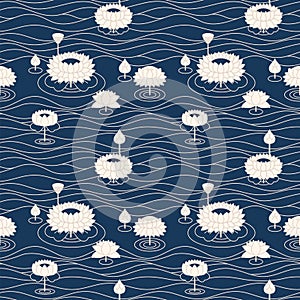Seamless vector japanese pattern with lotos flowers and waves. design for interior, covers, textile