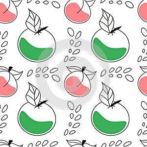 Seamless vector linear contour pattern of apples and peaches