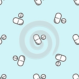 Seamless vector medicine pattern with pills and capsules in line style on blue. Healthcare illustration with repeatable