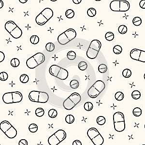 Seamless vector medicine pattern with pills and capsules in line style. Healthcare illustration with repeatable tablet