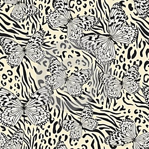 Seamless vector multicolor butterflies pattern. Butterfly on zebra leopard print. Trendy animal motif wallpaper.