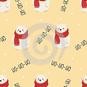 Seamless vector New Year's Eve pattern. Cute white polar bear in red New Year's scarf, inscriptions Ho-ho-ho