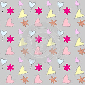 Seamless vector patchwork pattern with fabric hearts, flowers