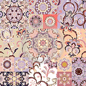 Seamless vector patchwork tile with paisley and mandala in pastel colors. Background set with lilac ornament in arabic