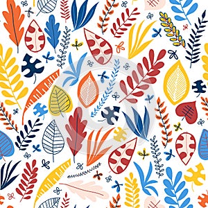 Seamless vector pattern abstract autumn leaves blue red yellow orange. Repeating background. Hand drawn leaf nature